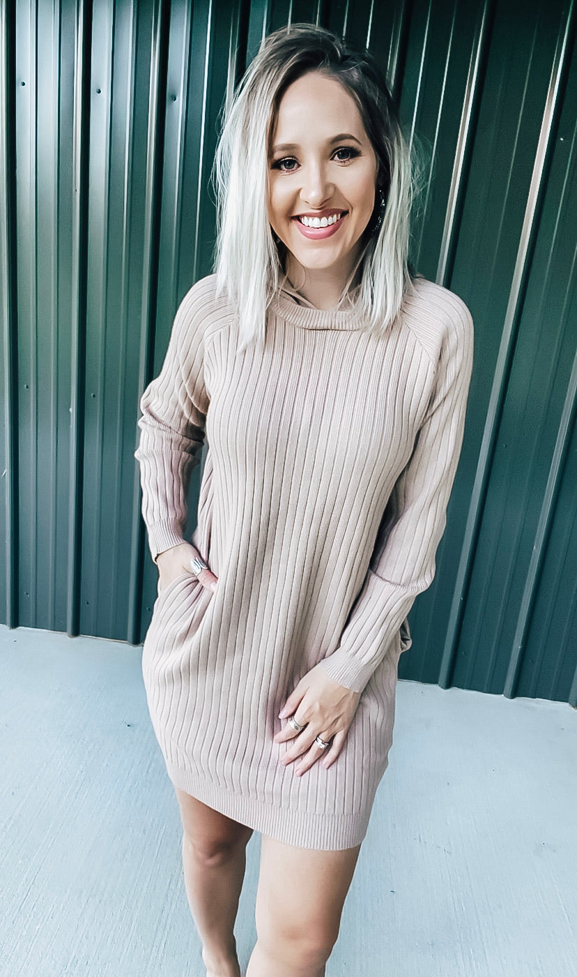 Tan Ribbed Sweater Dress