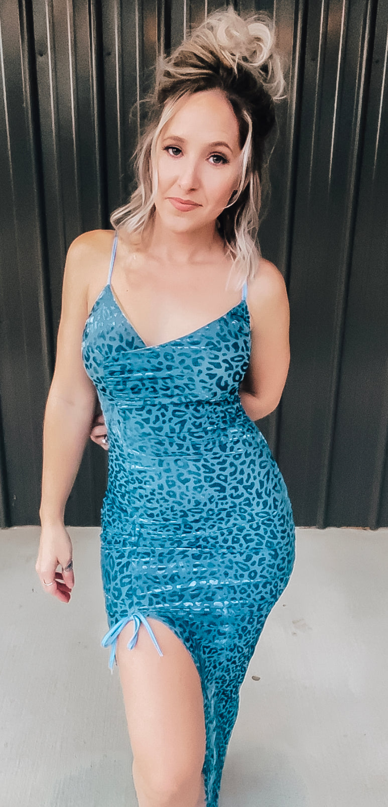Velvet Blue Leopard Slit Dress - Image 4