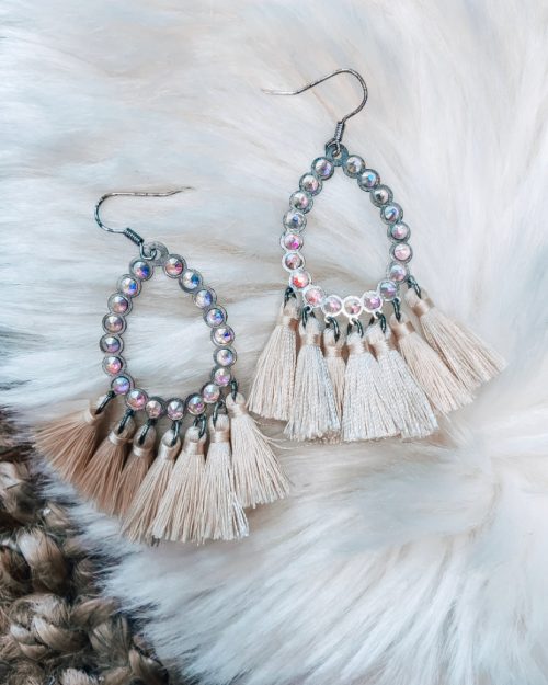 Cream Rhinestone Tassel Earrings