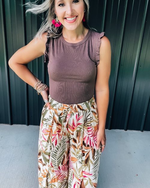 Brown Ruffle Ribbed Bodysuit