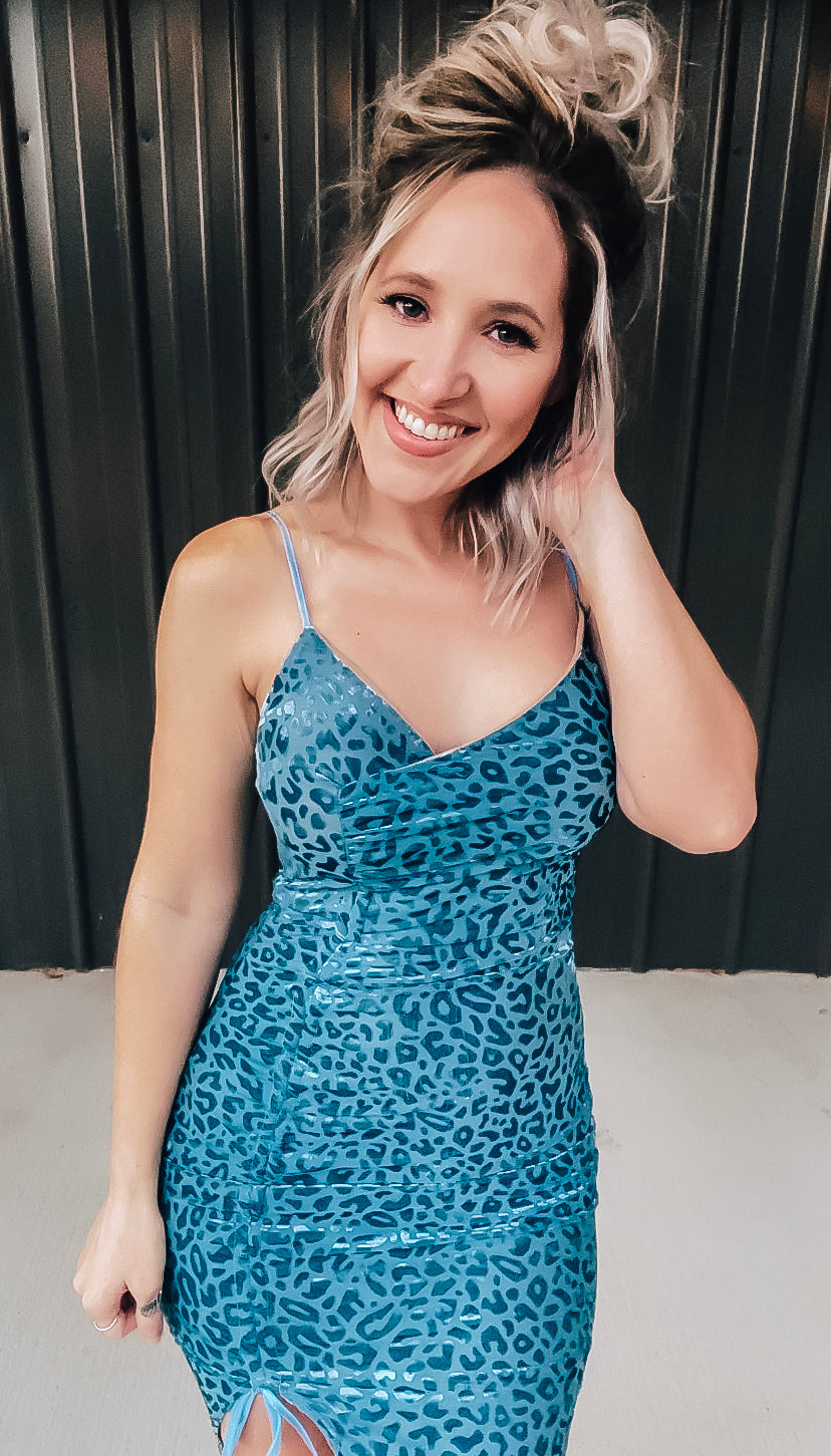 Velvet Blue Leopard Slit Dress - Image 3